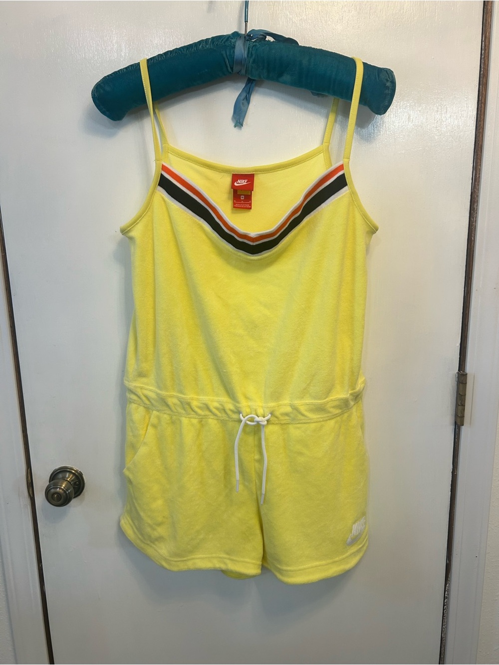 Nike Yellow Terry Romper with Black, Orange and White Stripes